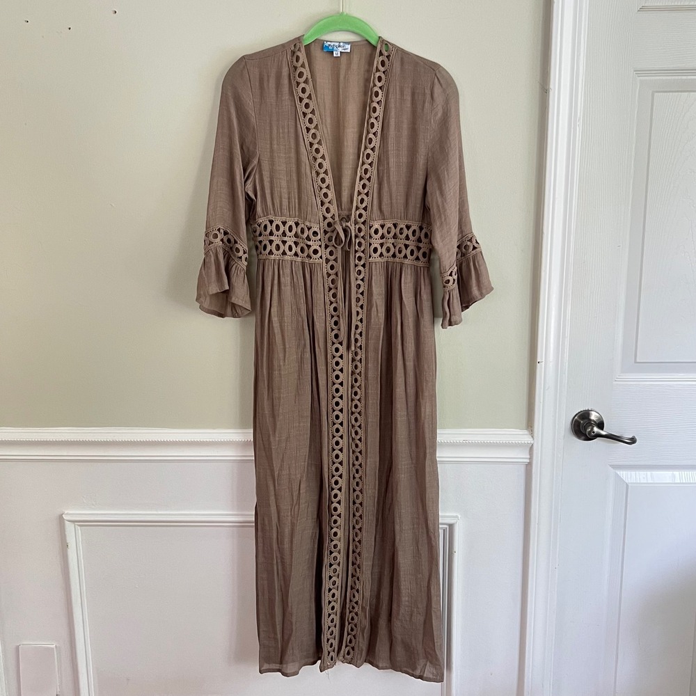 Rebellion Again Duster Cardigan Womens Sz M Crochet Lace Brown Taupe Boho Hippie - Picture 9 of 12